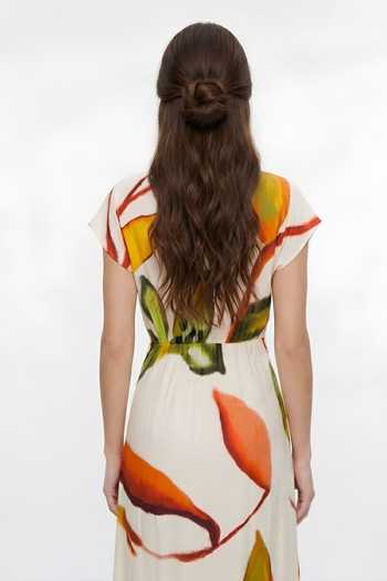 Buy Poppi White Silk, Bemberg V-neck Botanical Print Dress Online at Aza Fashions Buy_Poppi_White Silk, Bemberg V-neck Botanical Print Dress _Online_at_Aza_Fashions