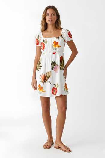 Buy_Poppi_White Cotton Off-shoulder Floral Print Dress _Online_at_Aza_Fashions