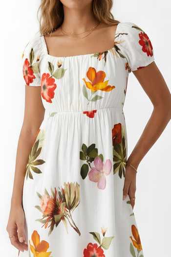 Poppi_White Cotton Off-shoulder Floral Print Dress _at_Aza_Fashions