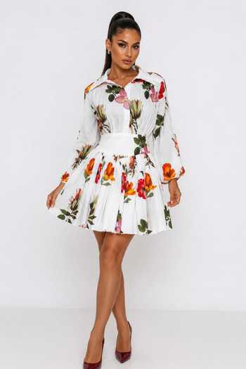 Poppi White Cotton Collared Neck Floral Pleated Mini Shirt Dress Online at Aza Fashions Poppi_White Cotton Collared Neck Floral Pleated Mini Shirt Dress _Online_at_Aza_Fashions