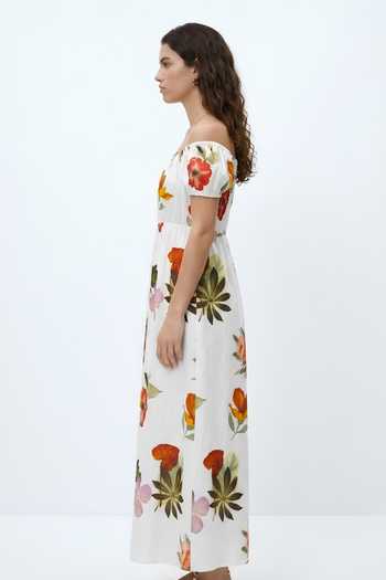 Poppi White Cotton Off-shoulder Floral Print Dress Online at Aza Fashions Poppi_White Cotton Off-shoulder Floral Print Dress _Online_at_Aza_Fashions