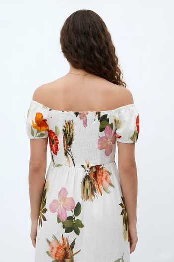 Shop Poppi White Cotton Off-shoulder Floral Print Dress Online at Aza Fashions Shop_Poppi_White Cotton Off-shoulder Floral Print Dress _Online_at_Aza_Fashions