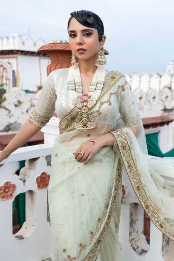 Tarrz_Mint Organza, Silk, Brocade V-neck Embroidered Saree And Blouse _Online_at_Aza_Fashions