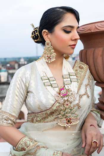 Shop_Tarrz_Mint Organza, Silk, Brocade V-neck Embroidered Saree And Blouse _Online_at_Aza_Fashions
