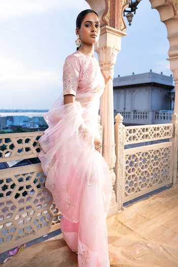 Buy_Tarrz_Pink Organza, Tissue, Cotton Round Neck Hand Embroidered Saree With Blouse _Online_at_Aza_Fashions