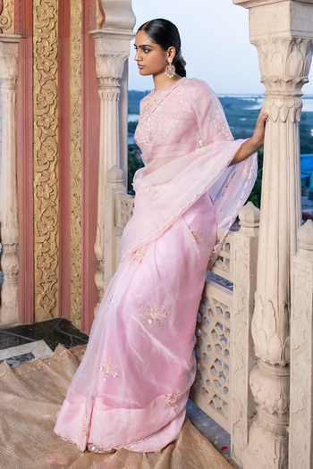 Shop_Tarrz_Pink Organza, Tissue, Cotton Round Neck Hand Embroidered Saree With Blouse _Online_at_Aza_Fashions