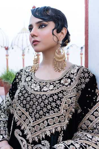 Shop_Tarrz_Black Silk, Velvet Round Neck Embroidered Kurta And Pant Set _Online_at_Aza_Fashions