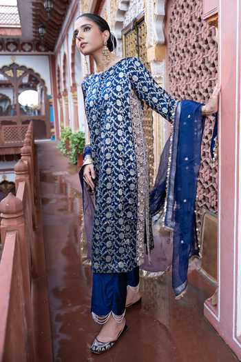 Tarrz_Blue Silk, Brocade Round Neck Floral Kurta Set _Online_at_Aza_Fashions