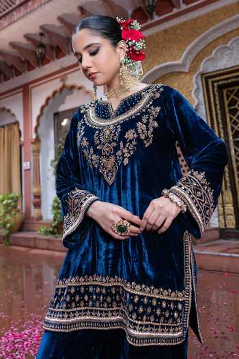 Shop_Tarrz_Blue Silk, Velvet Round Neck, Yes Hand Embroidered Kurta And Pant Set _Online_at_Aza_Fashions