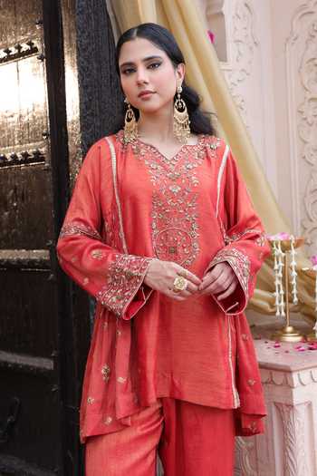 Tarrz_Orange Tissue, Brocade V-neck, Yes Hand Embroidered Kurta And Pant Set _Online_at_Aza_Fashions