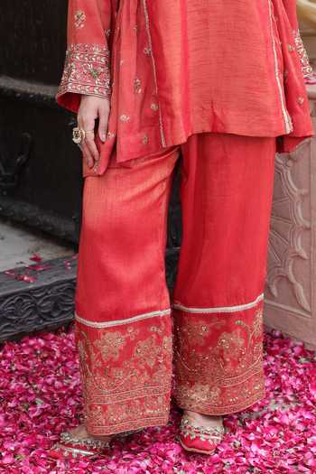 Buy_Tarrz_Orange Tissue, Brocade V-neck, Yes Hand Embroidered Kurta And Pant Set _Online_at_Aza_Fashions