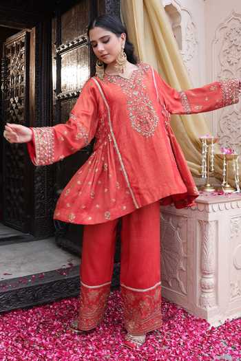 Shop_Tarrz_Orange Tissue, Brocade V-neck, Yes Hand Embroidered Kurta And Pant Set _Online_at_Aza_Fashions