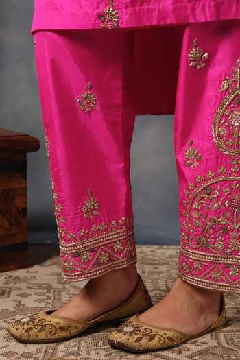 Shop_Tarrz_Pink Silk Scoop Neck, Yes Embroidered Bangalore Kurta And Pant Set _Online_at_Aza_Fashions