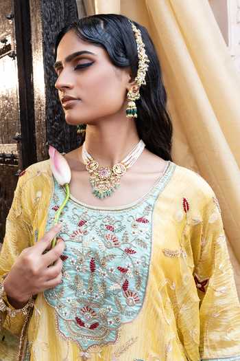 Buy_Tarrz_Yellow Tissue, Brocade, Silk Scoop Neck Hand Embroidered Kaftan Set _Online_at_Aza_Fashions