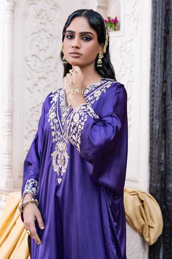 Shop_Tarrz_Purple Satin, Silk, Velvet V-neck Hand Embroidered Kaftan Set _Online_at_Aza_Fashions