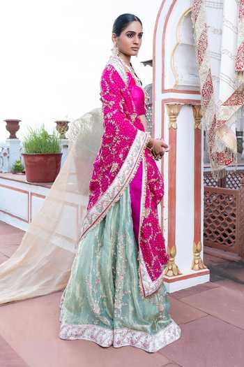 Tarrz_Mint Silk, Georgette, Tissue Sweetheart Neck Raw Lehenga Set_Online_at_Aza_Fashions