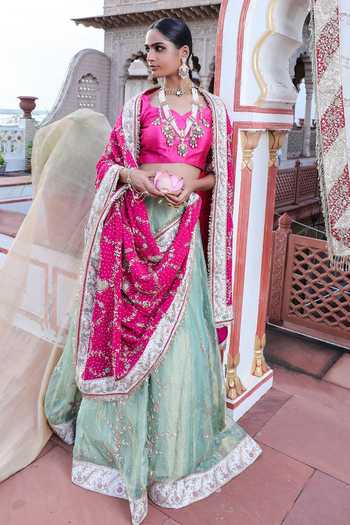 Buy_Tarrz_Mint Silk, Georgette, Tissue Sweetheart Neck Raw Lehenga Set_Online_at_Aza_Fashions