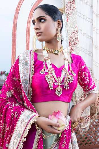 Shop_Tarrz_Mint Silk, Georgette, Tissue Sweetheart Neck Raw Lehenga Set_Online_at_Aza_Fashions