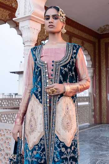 Shop_Tarrz_Blue Silk, Velvet Open , Square Hand Embroidered Jacket Gharara Set _Online_at_Aza_Fashions