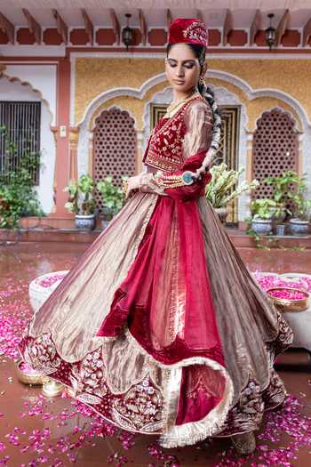 Tarrz_Gold Tissue, Silk, Velvet Sweetheart Neck Hand Embroidered Anarkali Set  _Online_at_Aza_Fashions