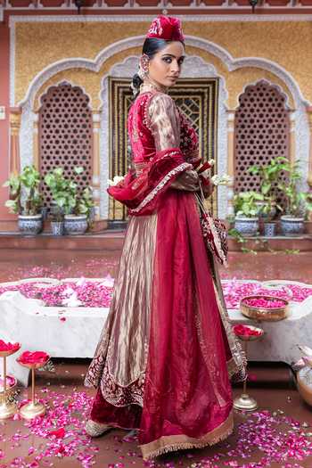 Buy_Tarrz_Gold Tissue, Silk, Velvet Sweetheart Neck Hand Embroidered Anarkali Set  _Online_at_Aza_Fashions