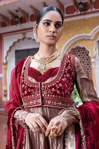 Shop_Tarrz_Gold Tissue, Silk, Velvet Sweetheart Neck Hand Embroidered Anarkali Set  _Online_at_Aza_Fashions