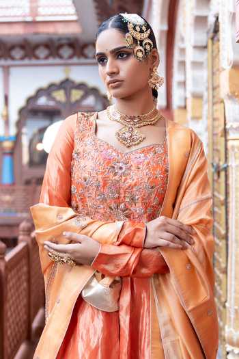 Buy_Tarrz_Orange Silk, Tissue Round Neck Hand Embroidered Anarkali Set _Online_at_Aza_Fashions