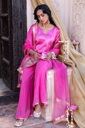 Tarrz_Pink Silk, Georgette, Organza Round Neck, Yes Floral Hand Embroidered Kurta Set _Online_at_Aza_Fashions