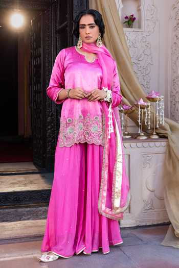 Shop_Tarrz_Pink Silk, Georgette, Organza Round Neck, Yes Floral Hand Embroidered Kurta Set _Online_at_Aza_Fashions