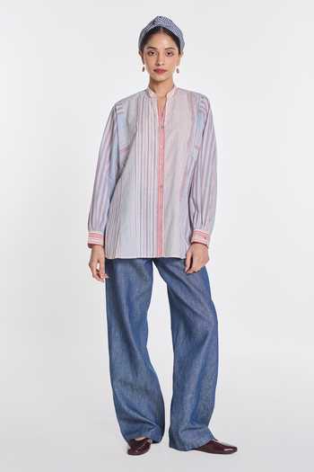 Payal Pratap Multi Color Handloom Cotton Band Collar Yarrow Multicheck Shirt at Aza Fashions Payal Pratap_Multi Color Handloom Cotton Band Collar Yarrow Multicheck Shirt _at_Aza_Fashions