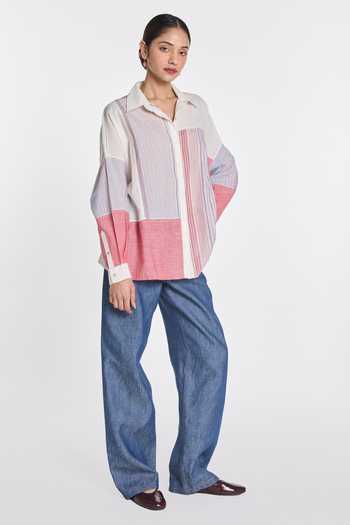 Payal Pratap Multi Color Handloom Cotton Collared Neck Chamomile Patchwork Shirt at Aza Fashions Payal Pratap_Multi Color Handloom Cotton Collared Neck Chamomile Patchwork Shirt _at_Aza_Fashions