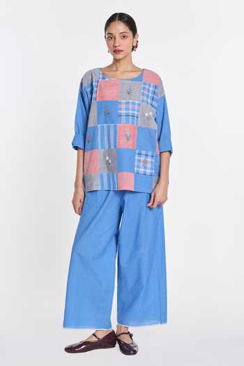 Payal Pratap_Blue Handloom Cotton Round Neck Paniculata Drop Shoulder Top _at_Aza_Fashions