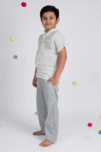 Shop OurDve Beige Cotton Striped Shirt And Pant Set Online at Aza Fashions Shop_OurDve_Beige Cotton Striped Shirt And Pant Set _Online_at_Aza_Fashions
