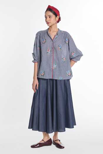 Payal Pratap_Blue Handloom Cotton Split V-neck Lisianthus Gingham Check Top _at_Aza_Fashions