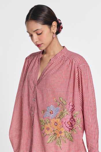 Payal Pratap_Red Handloom Cotton Mandarin Collar Alexander Gingham Check Shirt _at_Aza_Fashions