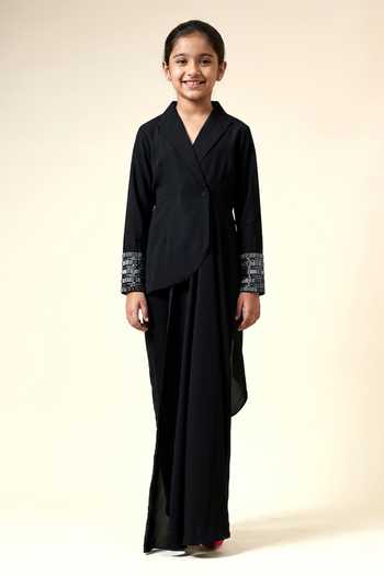 Aakaar Metallic Embroidered Asymmetric Blazer With Pant For Kids