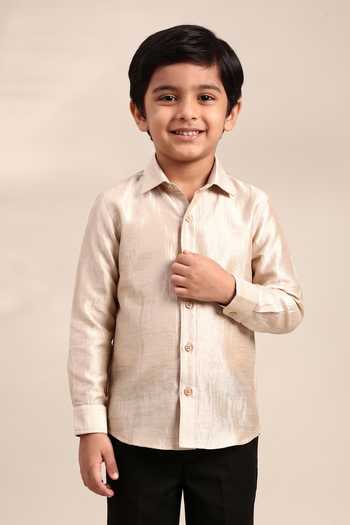 Mayank Modi - Men Cream Solid Bemberg Silk Shirt For Kids