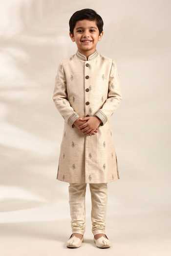 Mayank Modi - Men Gold Mirror & Thread Embroidered Sherwani Set For Kids
