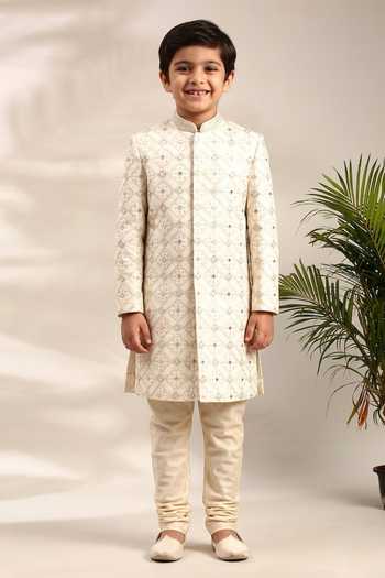 Mayank Modi - Men Geometric Embroidered Sherwani & Churidar Set For Kids