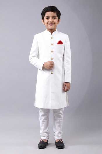 Manish Nagdeo Banarasi Brocade White Sherwani Set For Kids