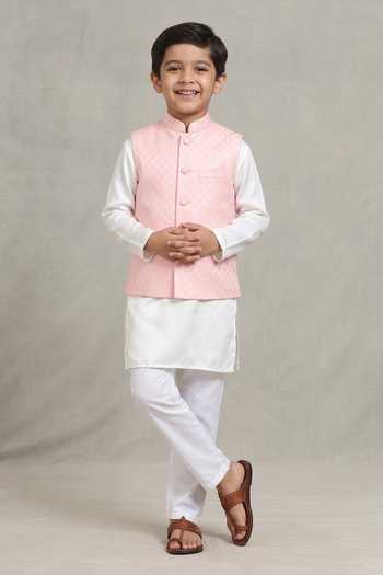 SPRING BREAK Leaf Woven Kurta Set For Kids