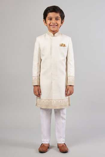 SPRING BREAK Embroidered Collar & Hem Sherwani Set For Kids