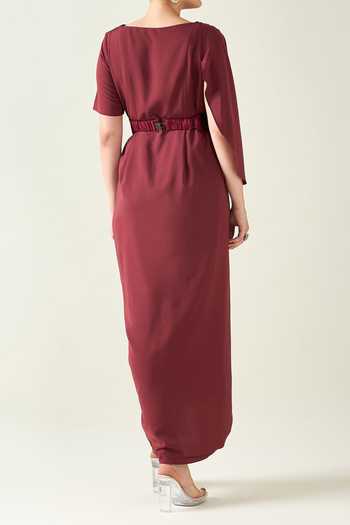 Aakaar Cowl Neck Draped Dress With Metallic Belt For Kids