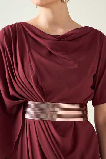 Aakaar Wine Crepe Buckles Cowl Neck Draped Dress With Metallic Belt For Kids Online at Aza Fashions Aakaar_Wine Crepe Buckles Cowl Neck Draped Dress With Metallic Belt For Kids_Online_at_Aza_Fashions
