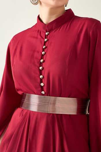 Aakaar Red Microfiber Buckles Armour Style Draped Dress With Metallic Belt For Kids Online at Aza Fashions Aakaar_Red Microfiber Buckles Armour Style Draped Dress With Metallic Belt For Kids_Online_at_Aza_Fashions