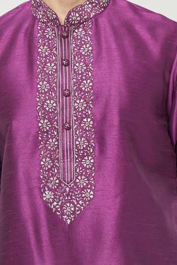 Buy_Rng Safawala_Purple , Satin Sequins, Embroidery Violet Kurta Set For Kids_Online_at_Aza_Fashions