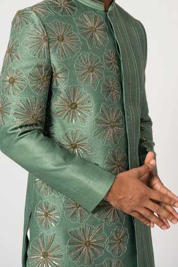 Buy_YOSEBA_Green Brocade, Cotton Sequins, Cut Work Floral Bloom Embroidered Achkan Set For Kids_Online_at_Aza_Fashions