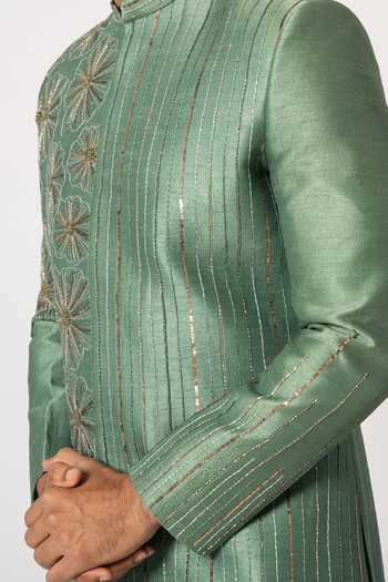 Shop_YOSEBA_Green Brocade, Cotton Sequins, Cut Work Floral Bloom Embroidered Achkan Set For Kids_Online_at_Aza_Fashions