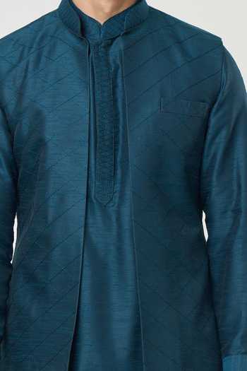 Rng Safawala Blue Silk, Cotton Diamond Pintuck Bundi And Kurta Set For Kids Online at Aza Fashions Rng Safawala_Blue Silk, Cotton Diamond Pintuck Bundi And Kurta Set For Kids_Online_at_Aza_Fashions
