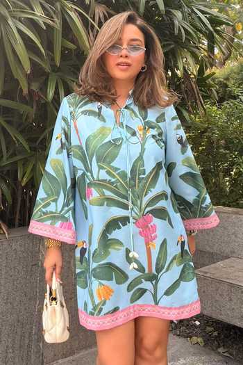 SONAM PARMAR JHAWAR Blue Cotton Keyhole Neck Tropical Banana Print Dress Online at Aza Fashions SONAM PARMAR JHAWAR_Blue Cotton Keyhole Neck Tropical Banana Print Dress _Online_at_Aza_Fashions